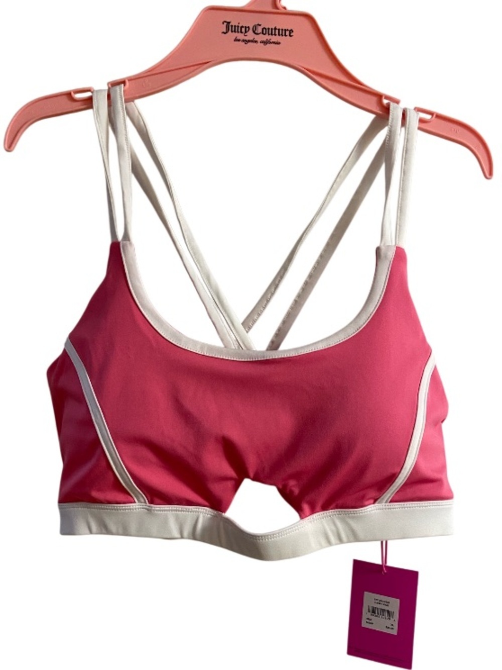 Juicy Couture Pink White Sports Bra Keyhole Front Strappy Back Workout Top XL